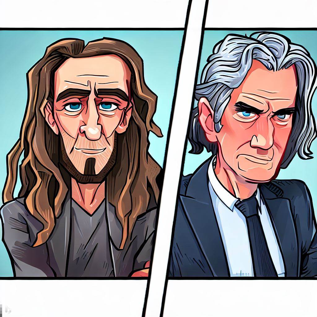 Style: a cartoon. A split screen with an youtube interview. On the left side a Jordan Peterson lookalike. On the right side a middle age man with long hair